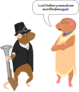 image: My mouse avatar stands with a pilgrim hat and coat, holding a trumpet-barrelled gun on the ground. He is glancing to the side where Jane stands in a Native-Amerian dress with her arms crossed scornfully, calling out, "I can't believe you made me wear this dress again!"