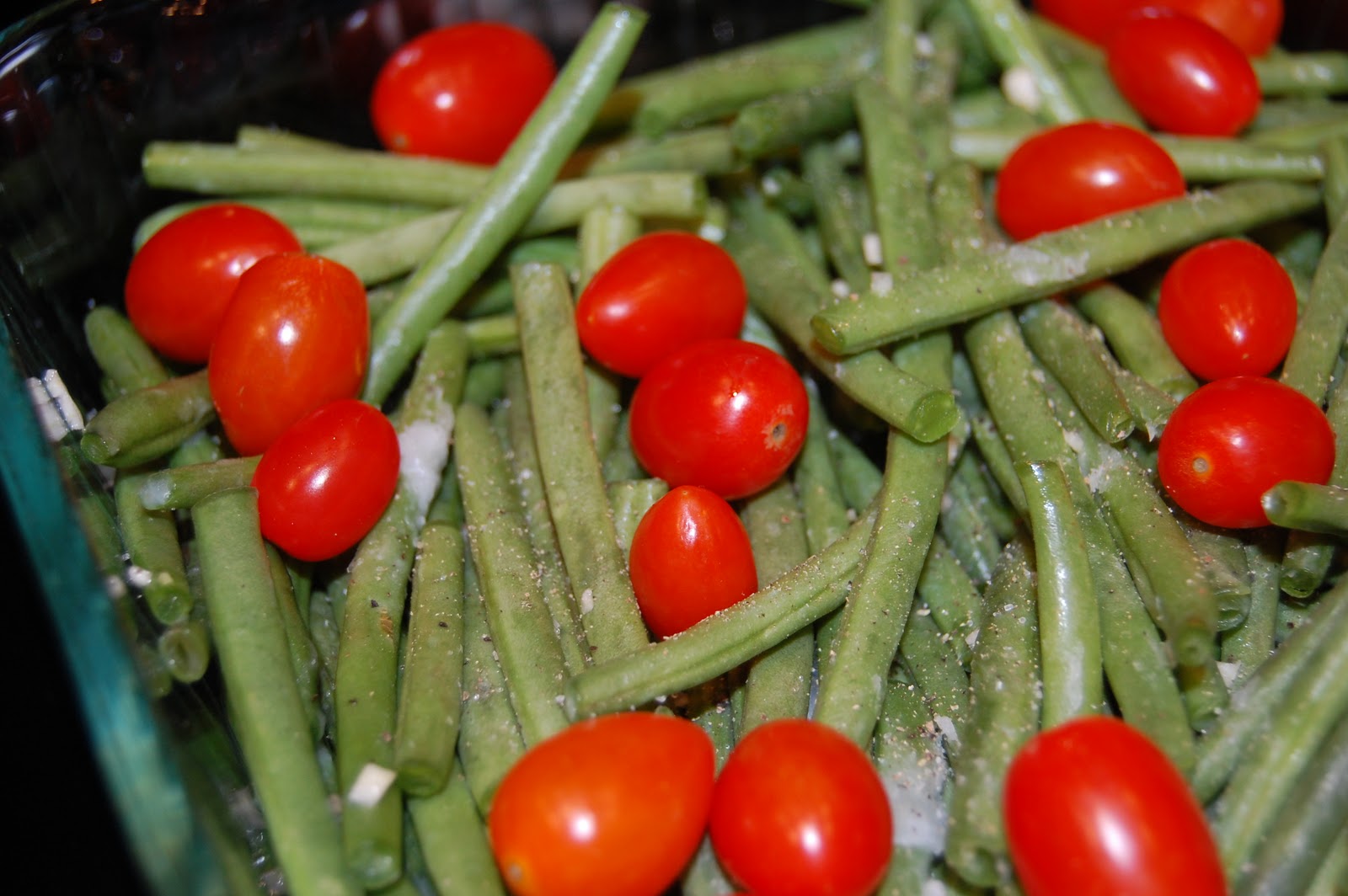 Scratch.Love Roasted Green Beans and Grape Tomatoes topped with Romano Cheese