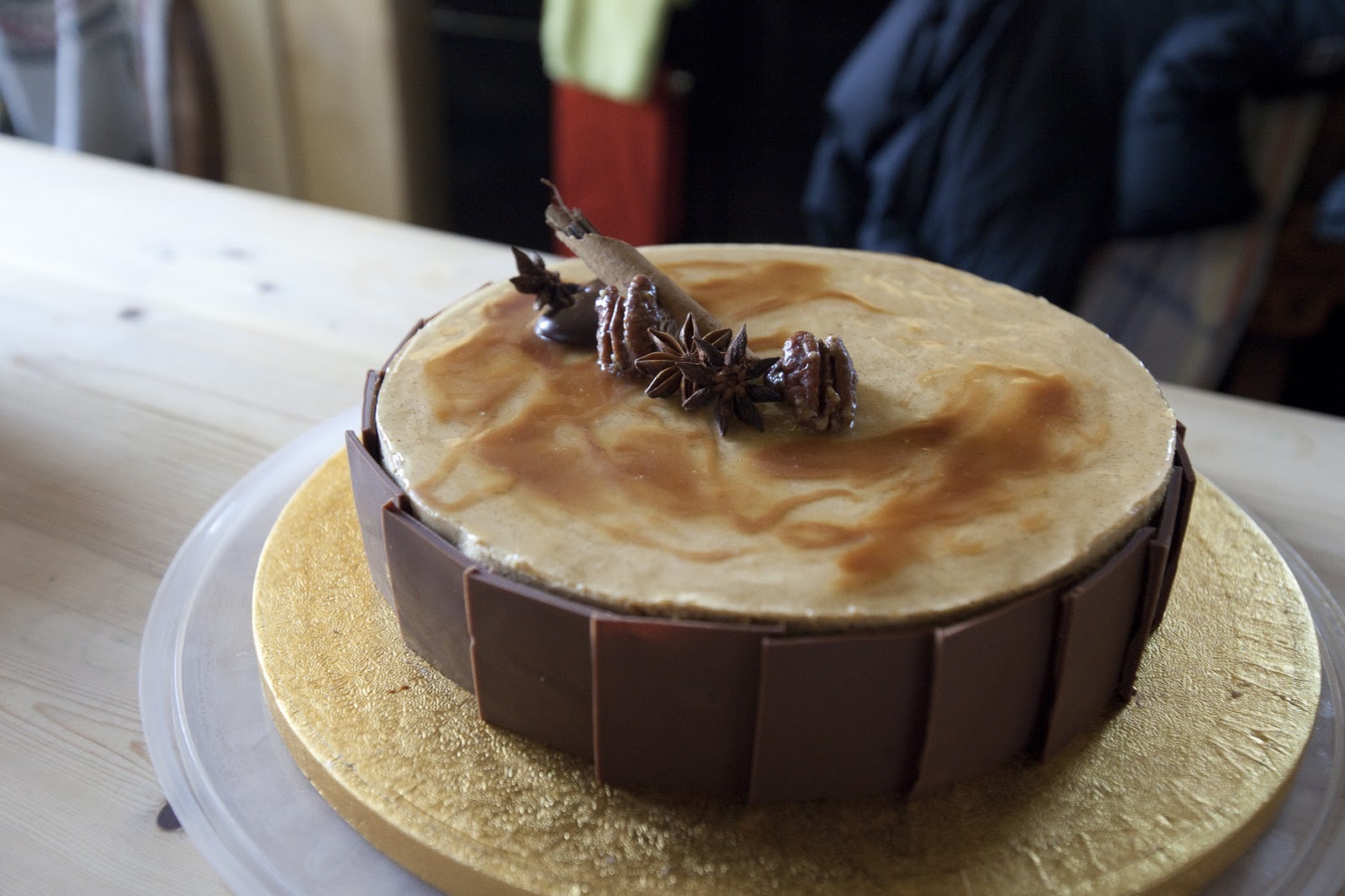 Rachel's Cakes caramel coffee cake with milk chocolate tile decoration