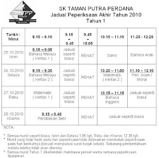 Sekolah Kebangsaan Taman Putra Perdana Jadual Peperiksaan Akhir Tahun 2010
