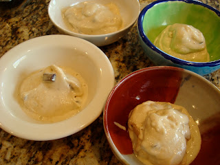 Vegan Vanilla Chocolate Chip Softserve separated into four bowls