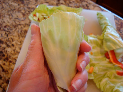 Hand holding one Raw Vegan Cabbage Wrap