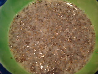 Chia seed pudding before refrigeration in green bowl