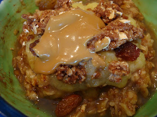 Oatmeal topped with brûlée, raisins  Raw Apple Crumble Topping crumble mixture and sunflower butter - 9