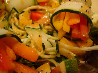 Up close of Raw Cucumber Wraps over greens and diced vegetables on white plate