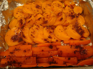 Roasted Sweet Potatoes and Carrots removed from oven