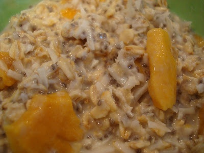 Close up of Overnight Chia Seed-Coconut-Mango Soaked Oats 