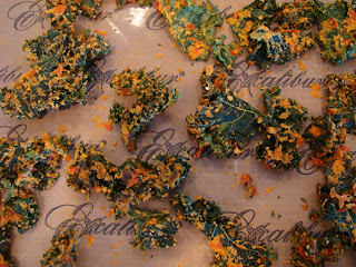 Overhead of Kale Chips on dehydrator tray