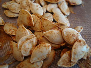 Dehydrated squash seeds on dehydrator tray