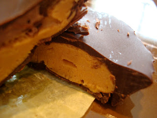 Close up of split Peanut Butter Cup showing filling