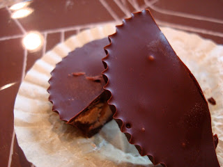 Overhead of split Raw Vegan Peanut Butter Cup stacked on top of one another