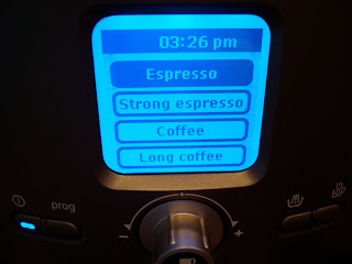 LED display showing time and different strengths of espresso or coffee you can make