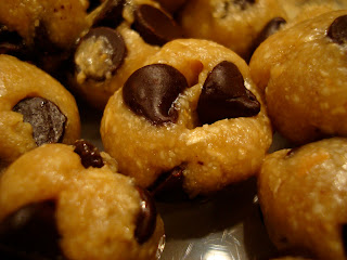 Close up of Raw Vegan Chocolate Chip Cookie Dough Balls