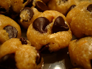 Close up of Raw Vegan Chocolate Chip Cookie Dough Balls - 56