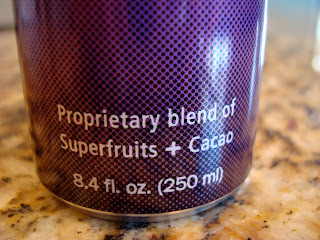 Bottom of Energy Drink saying Proprietary blends of Superfruits + Cacao