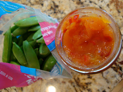 Open bag of peas and jar of chutney - 9