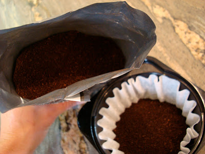 Inside bag of coffee and coffee in coffee maker