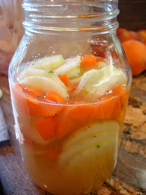 Side view of jar of Sweet and Sour Refrigerator Pickles