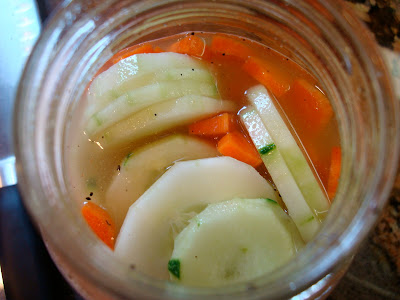 Overhead of jar of Sweet and Sour Refrigerator Pickles
