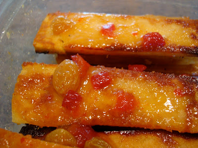 Close up of sliced Mango Ginger Maple Tofu