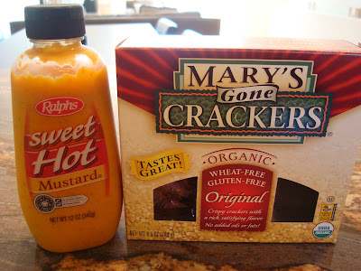 Sweet Hot Mustard next to Box of Mary's Gone Crackers