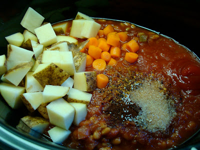Hearty Vegan Southwestern Sweet & Spicy Soup ingredients in crock pot