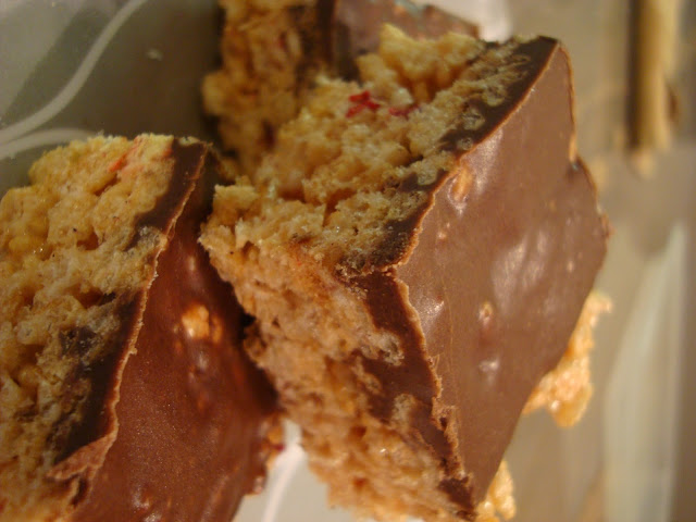 Stacked GF Vegan "Rice Krispie" Treats with Chocolate Peanut Butter Coconut Oil Frosting