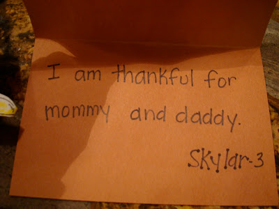 Card that says I am thankful for mommy and daddy - Skylar 3