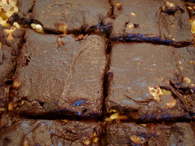 Overhead of cut Vegan Gluten Free Rice Krispie Treats with Vegan Chocolate Frosting