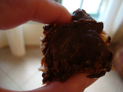 Hand holding GF Peanut Butter Marshmallow Bars with Vegan Chocolate Frosting - 45