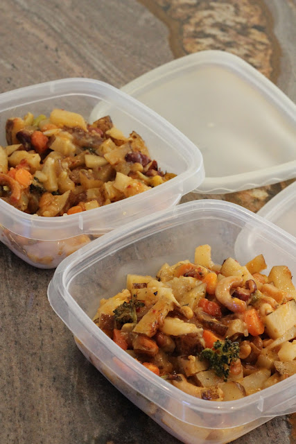 Leftover Cheezy Vegetable Bake in clear containers
