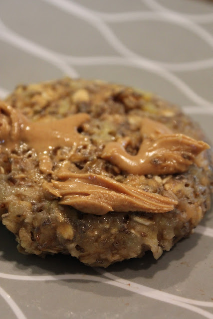 Close up of peanut butter spread Microwave Banana Oat Cake