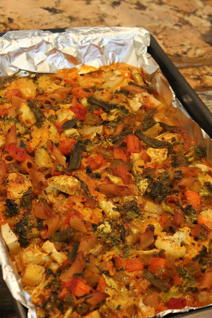 Cheezy Vegetable Bake in foil lined pan