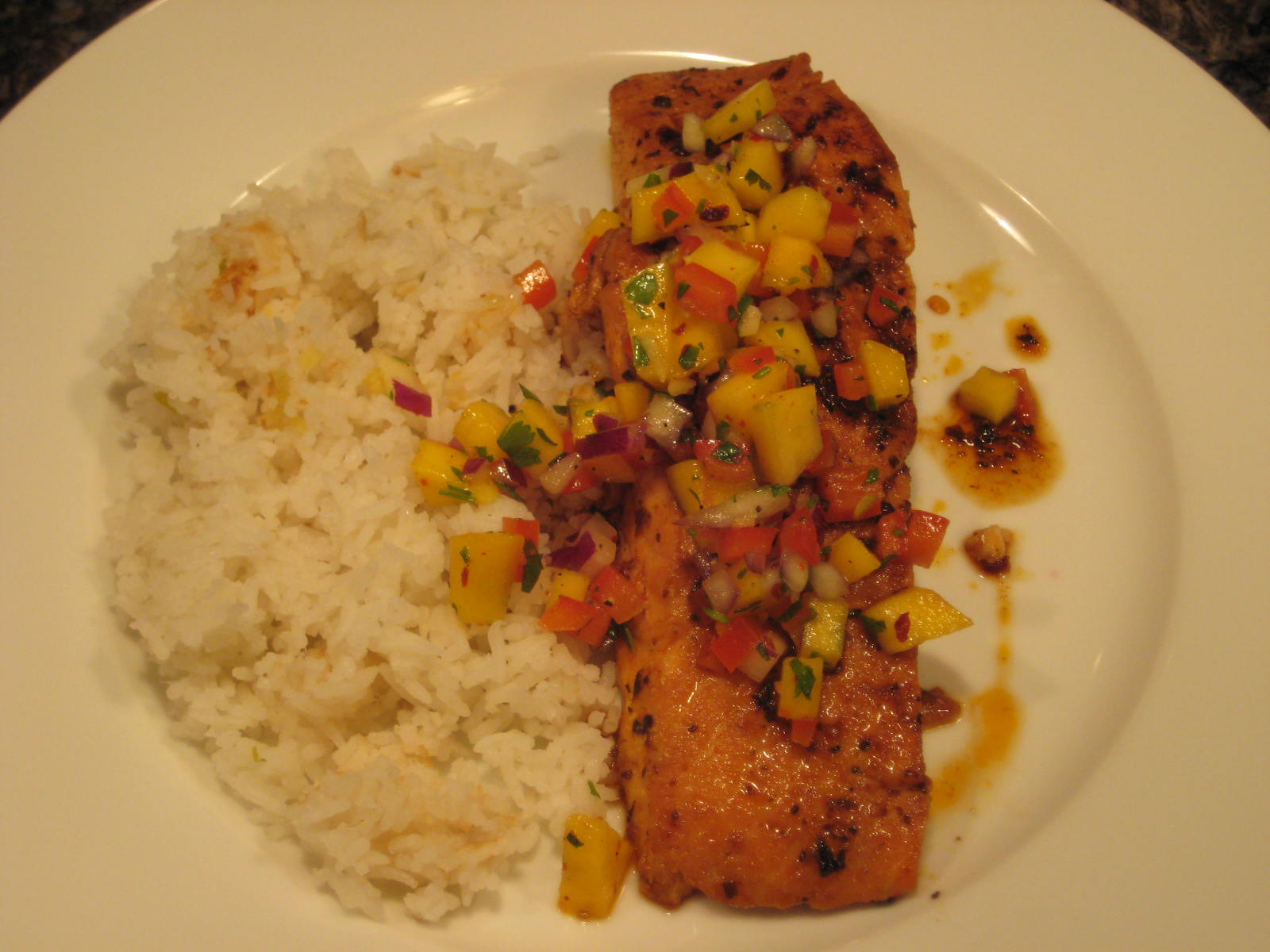 Dinner with the Welches Sautéed Salmon with Mango Relish and Coconut Rice