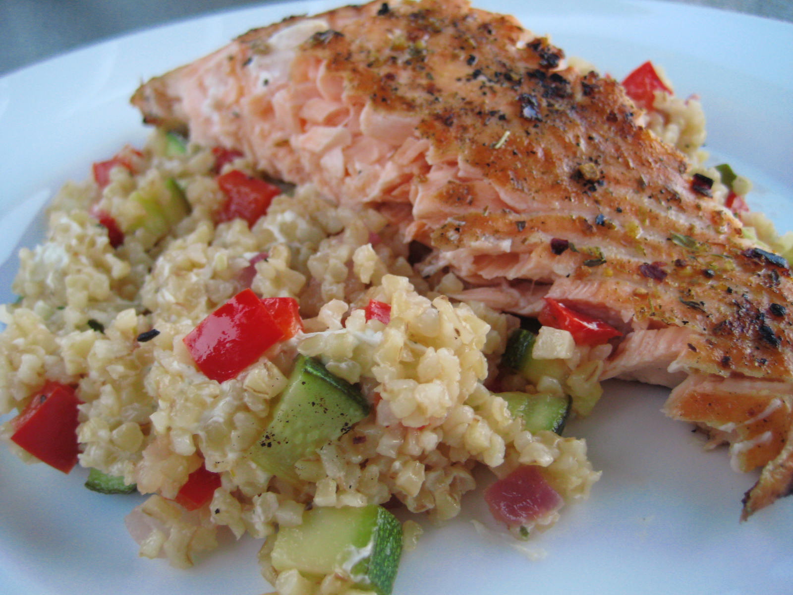 Dinner with the Welches: Grilled Salmon with Bulgur and Veggie Salad