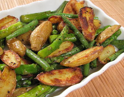 roasted fingerling potatoes, asparagus and green beans