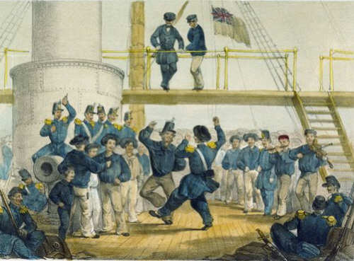 English Sailors & French Soldiers. A Dance on Board HMS Vulture Aug 7 1854 (Caricature)