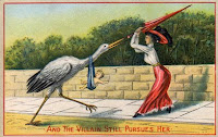 A woman swats away the stork which has brought her her child