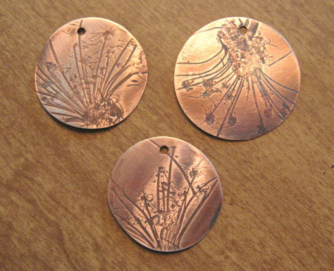 Queen Annes Lace, mill rolled copper pendants.