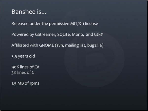 A slide describing some basic Details about Banshee as a project
