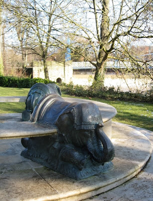 Bronze elephant, part of a stone seat in Jephson Gardens