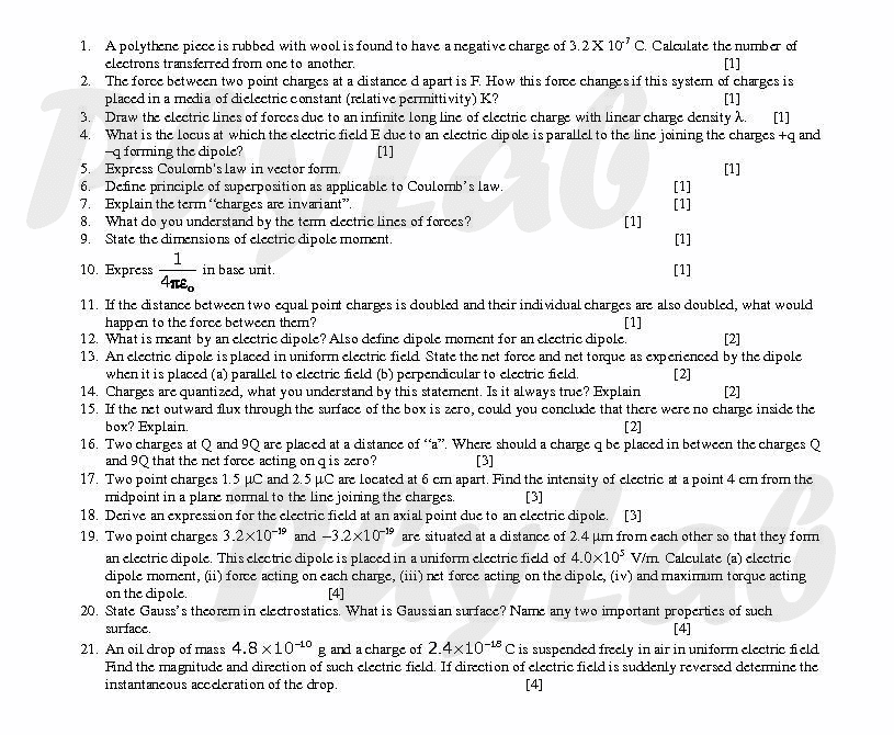 Electrostatics test paper pdf image