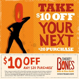Sales addict.: Smokey Bones: $10 off $20 printable coupon.