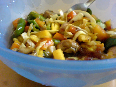 5-Minute Stir Fry with Mushrooms, Peppers, Pineapple, Tomatoes, and Cabbage in a Hoisin Sauce