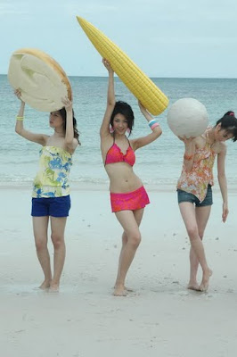 3 Girls Beach Red Bikini Corn Image Photo