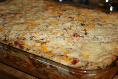 A perfect potluck casserole, this one feeds a crowd! Using a basic tomato based spaghetti meat sauce as a base with layer of spaghetti noodles & cheese, finished with a cream soup topping.
