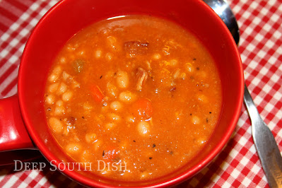 A hardy soup of navy beans with a mirepoix of veggies and plenty of bacon flavor.