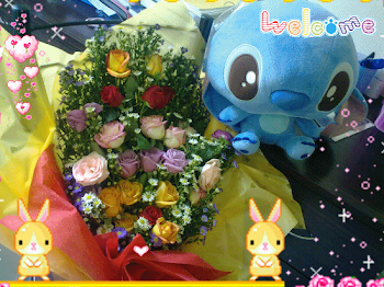 my beloved stitch and the first bouquet of flower