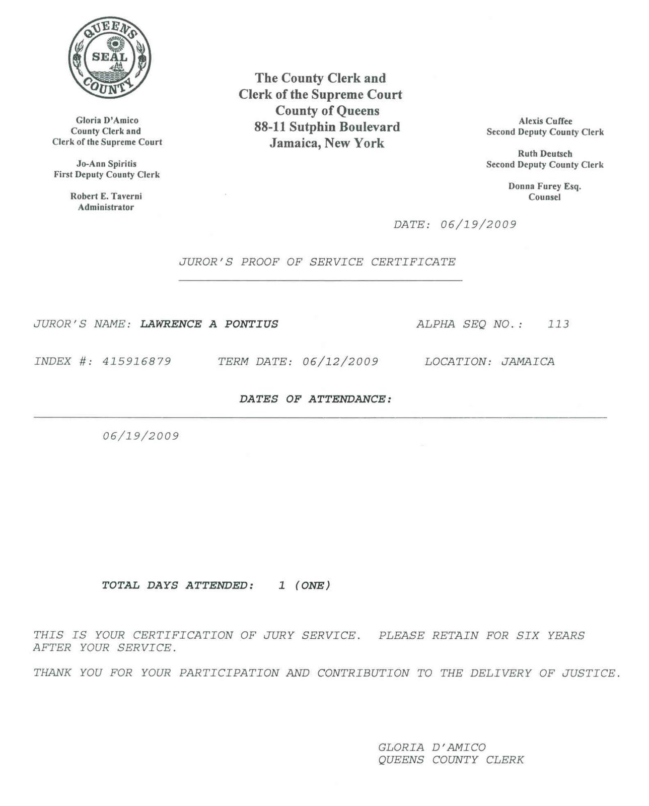 Printable Jury Duty Certificate Of Attendance