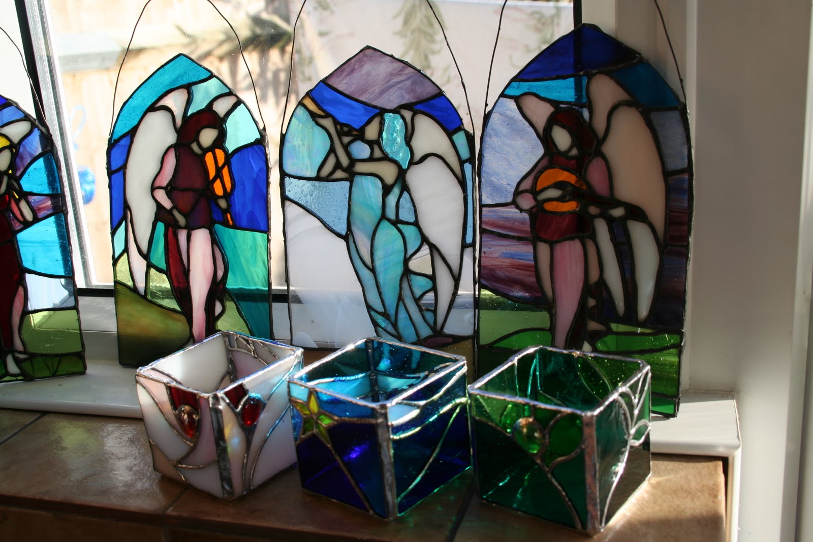 Chiaki's work Stained Glass Candle Holders and small Panels
